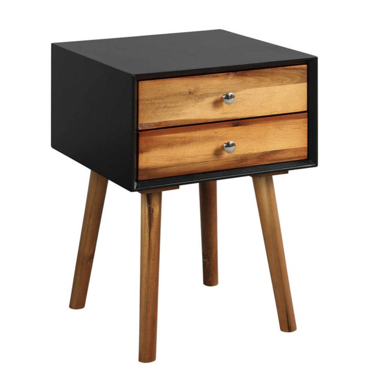 Black-Brown Rubber Wood Nightstand with 2 Drawers and Raised Legs